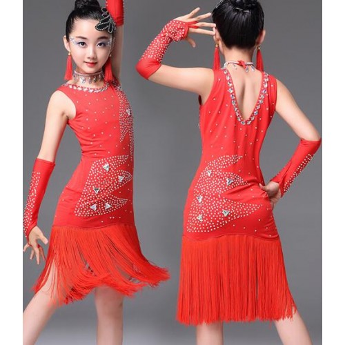 Competition performance latin dress for kids children neon green white black red professional stones fringes salsa chacha rumba dance dress